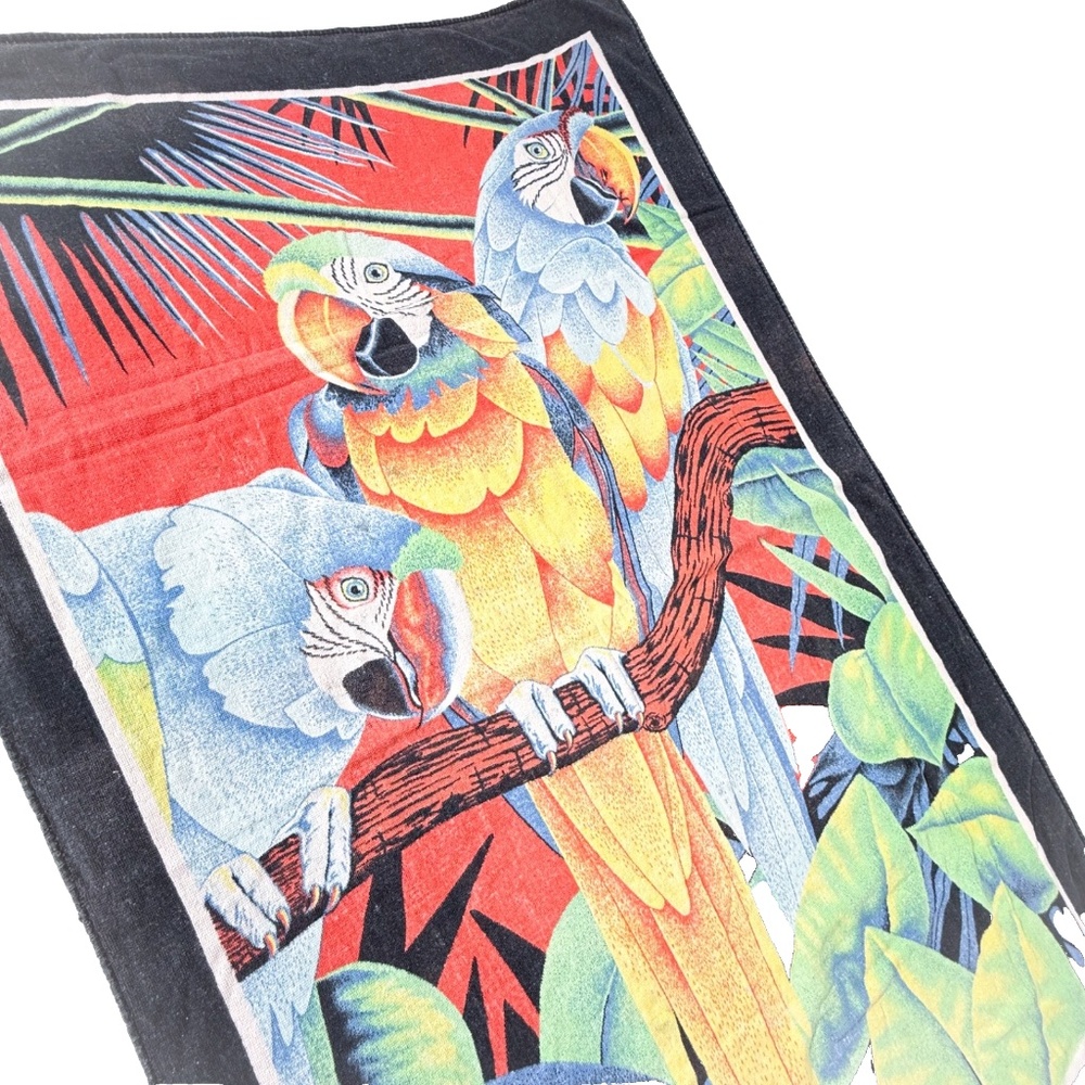 🦜 Vintage Hilasal Parrot Beach Towel Tropical 3-Parrot Print 90s Retro 🌴🌞🐚
